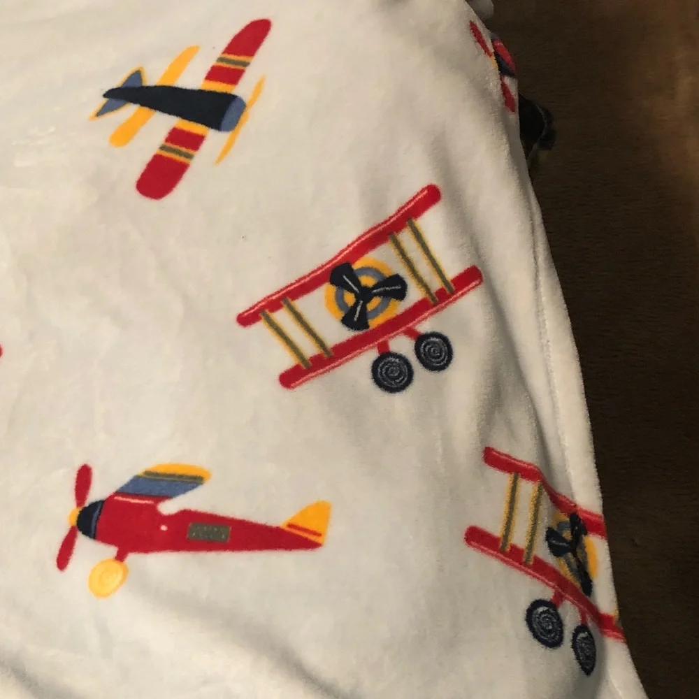 Airplane Print Fleece Throw Blanket - Red Yellow Navy on White